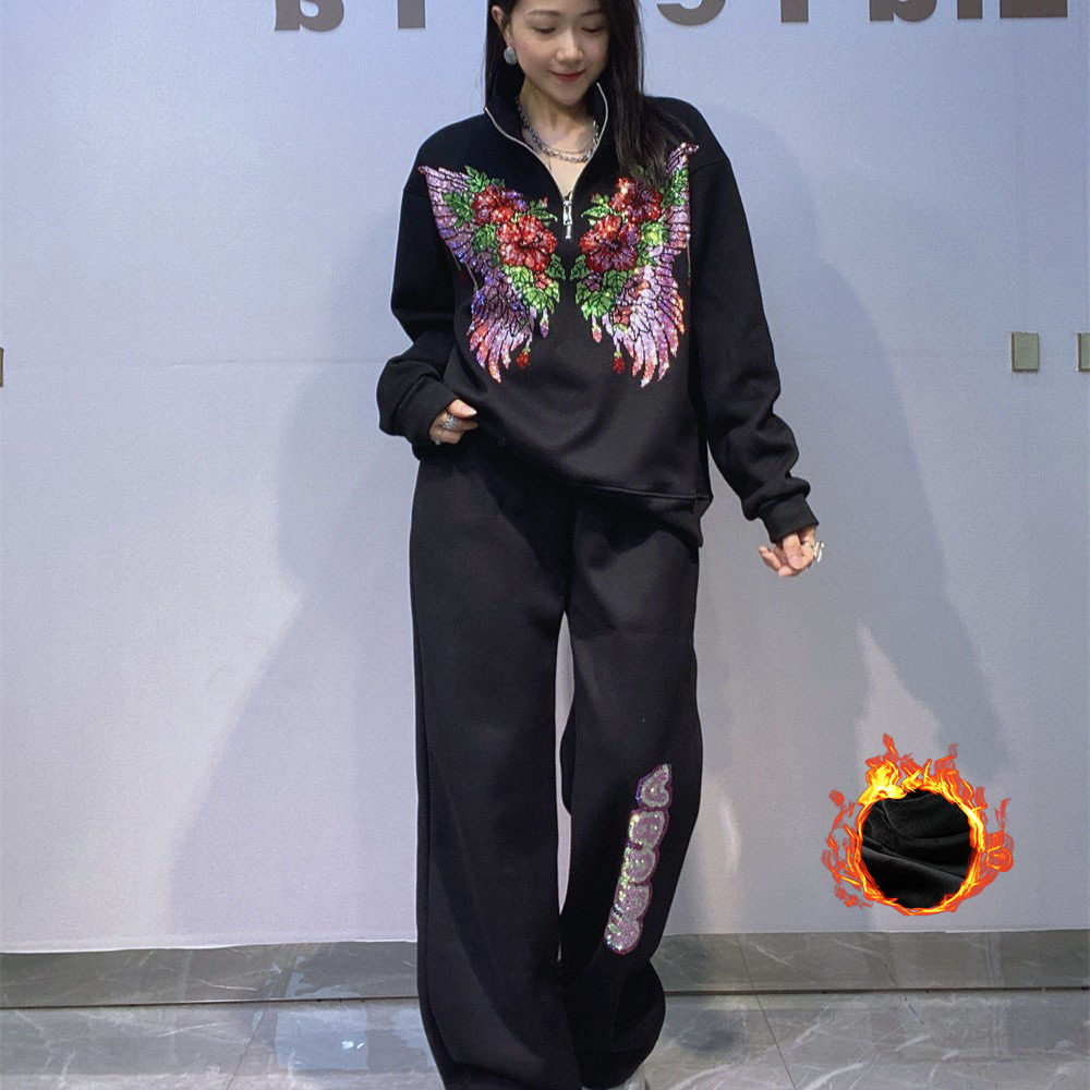 欧美秋冬运动卫衣女套装半拉链烫钻长袖宽松休闲运动服两件套