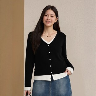 9191 V领显瘦时髦女装 240斤胖mm大码 上衣假两件独特超好看针织开衫