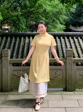 63181国风新中式盘扣印花拼接裙2026女夏季新款胖mm气质大码旗袍