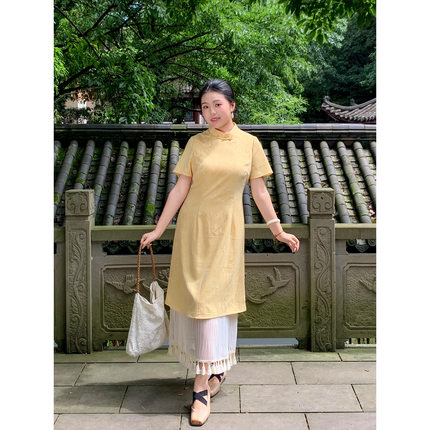 63181国风新中式盘扣印花拼接裙2026女夏季新款胖mm气质大码旗袍