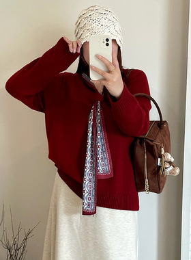 大码女装设计感v领丝巾毛衣女2025冬款胖mm宽松慵懒感针织衫23661