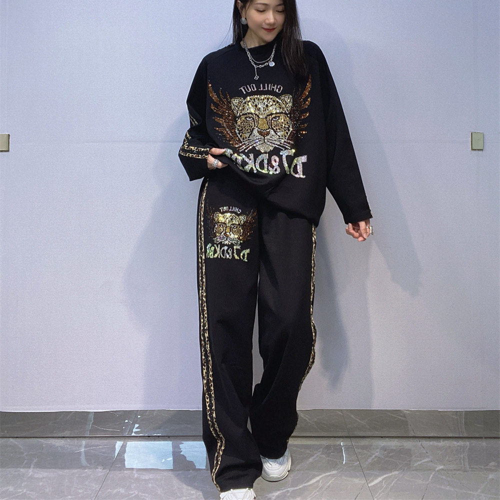 欧美女装圆领长袖大码套装女秋冬时尚休闲烫钻蝙蝠袖长裤两件套