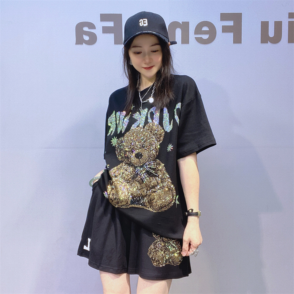 外贸女装闪闪钻石短袖短裤休闲套装女双纱棉户外运动服两件套