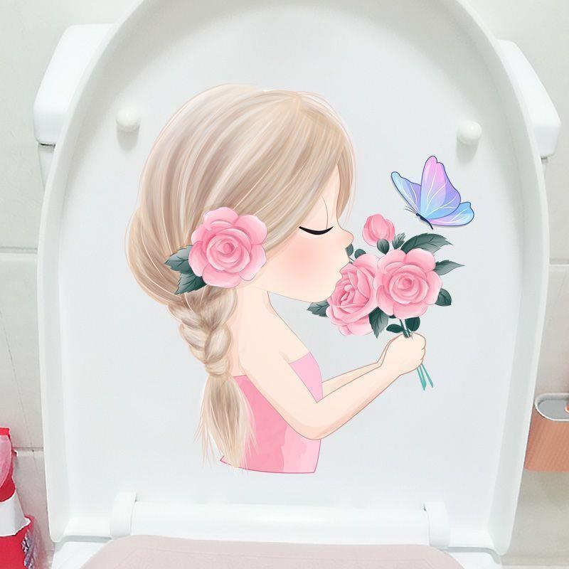 手绘粉衣女孩墙体装饰贴纸创意浴室卫生间防水马桶贴画自粘家用图片