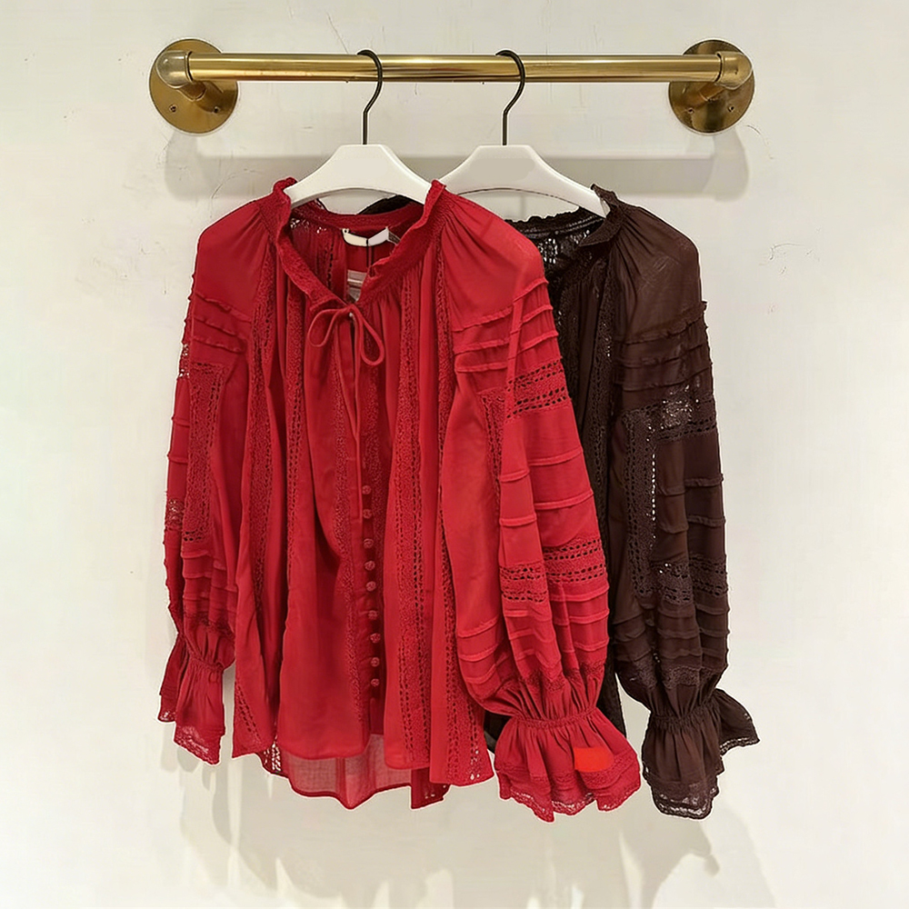 纯色立领系带喇叭袖衬衫