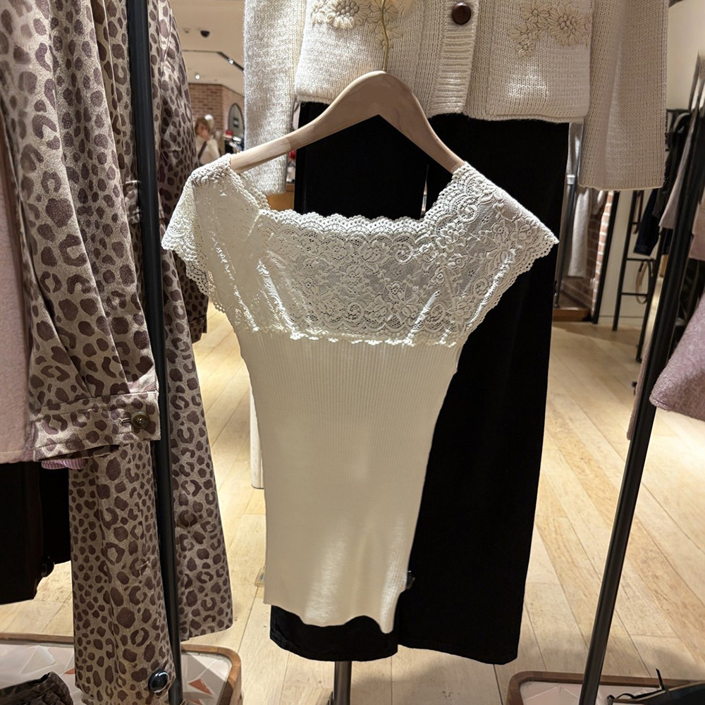 法式蕾丝拼接针织衫女修身显瘦套头毛衣白色上衣