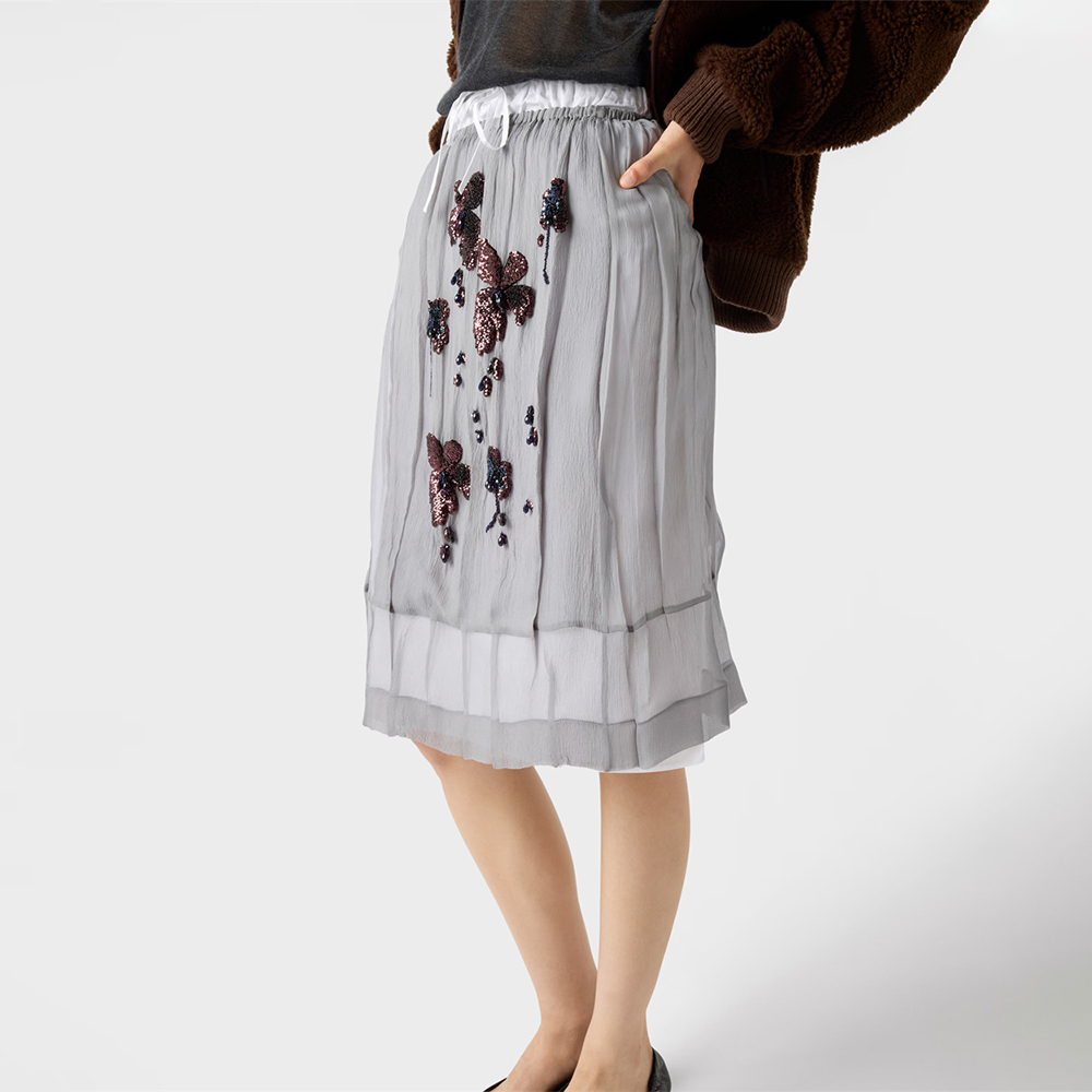 撞色系带松紧腰透视纱裙