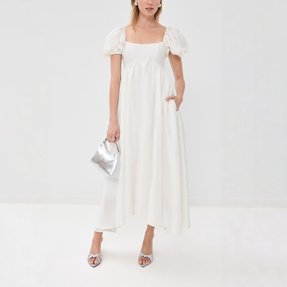 白色方领泡泡袖连衣裙女