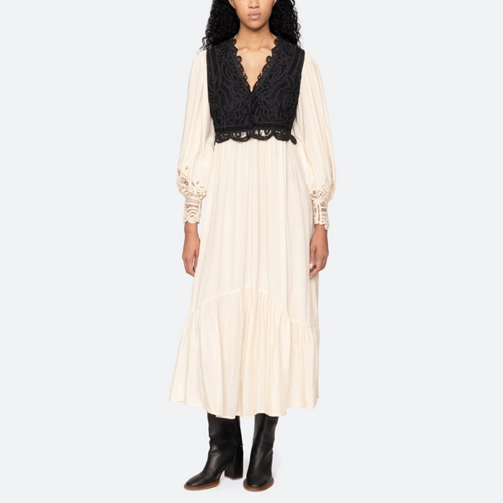 2025秋季新款法式拼色V领蕾丝马甲式拼接连衣裙收腰显瘦大摆裙女