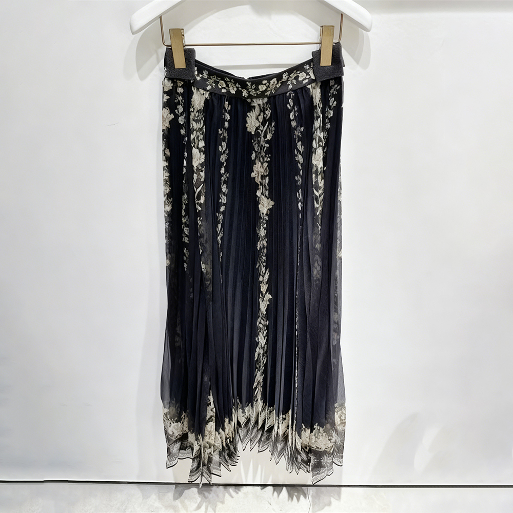 2025秋冬新款法式黑色高腰花卉印花百褶半身裙宽松压褶网纱长裙女