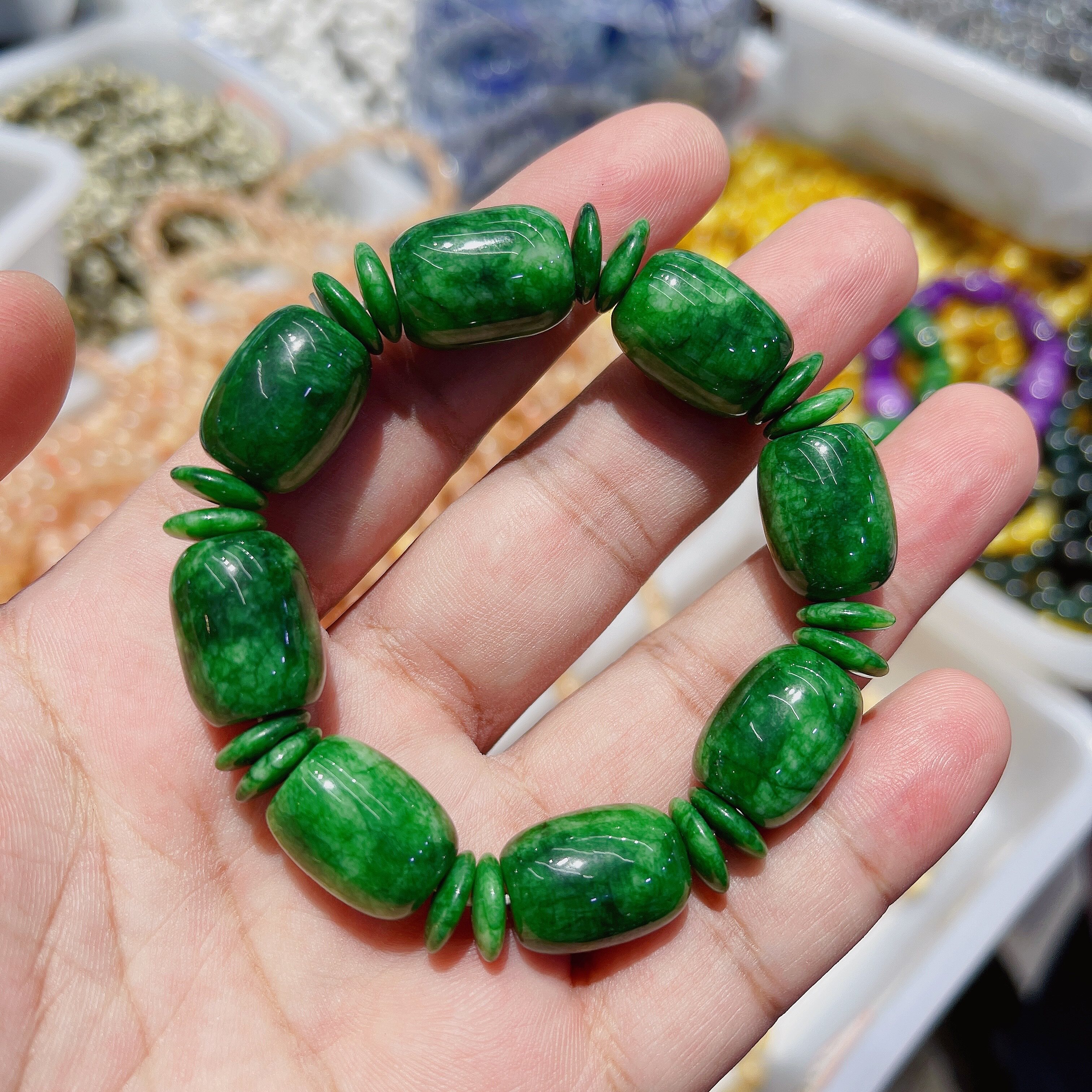 天然干青翡翠桶珠手链阳绿墨绿色手链男士男生手串大颗粒配珠散珠