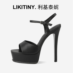 LIKITINY一字带防水台超高跟鞋女细跟厚底露趾凉鞋夜店模特走秀鞋