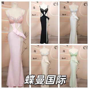 夜店酒吧KTV重工手工走秀演出服佳丽足浴显胸大透视性感晚礼服