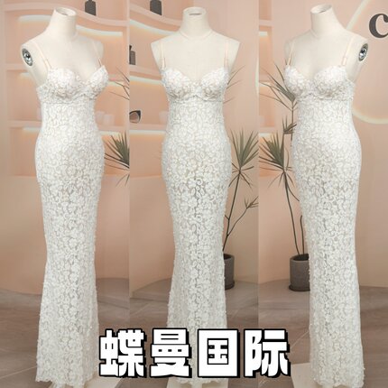 夜店酒吧KTV手工礼服蕾丝烫钻长裙白色无袖性感鱼尾连衣裙镂空