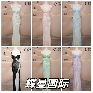 夜店酒吧KTV重工手工走秀演出服佳丽足浴显胸大透视性感晚礼服