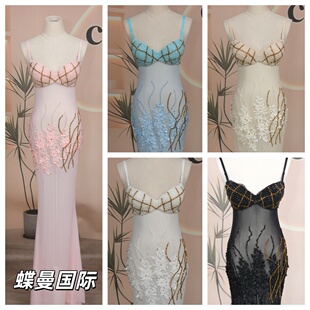 夜店酒吧KTV重工手工走秀演出服佳丽足浴显胸大透视性感晚礼服