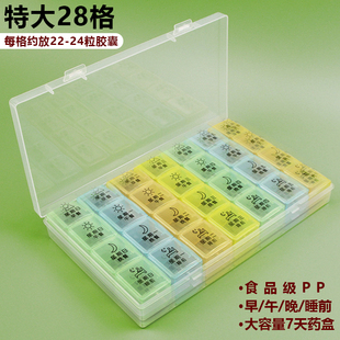 特大28格药盒食品级早中晚睡前一日4餐大容量7天分药盒胶囊收纳盒