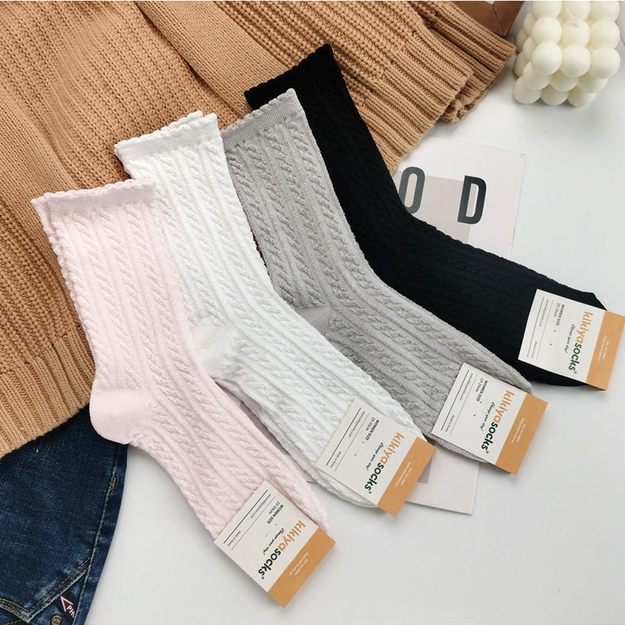 韩国进口袜子东大门春季新款麻花菱形格中筒女士纯棉袜运动吸汗袜