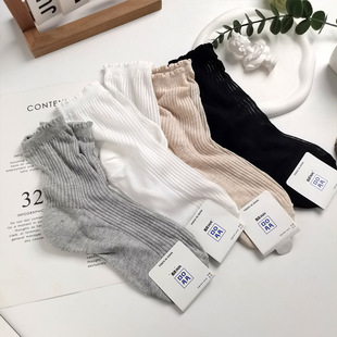 韩国进口东大门中筒女士纯棉袜子春夏季 透气花边堆堆袜纯色 薄款