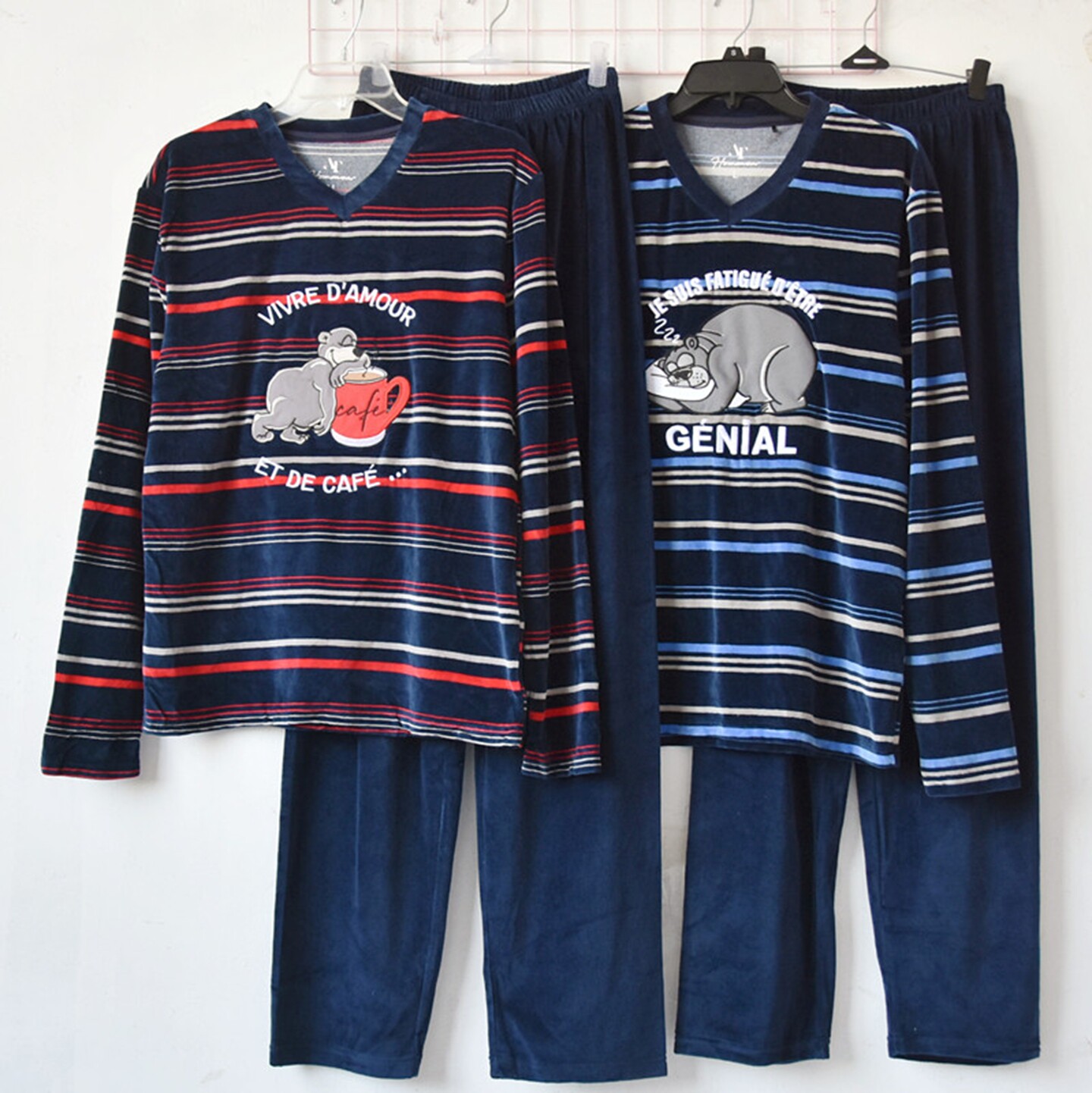 出口原单春秋男士条纹刺绣卡通睡衣套装可外穿平绒休闲运动家居服