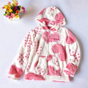 春新款女童粉爱心珊瑚绒连帽拉链长袖单件上衣秋冬保暖睡衣家居服