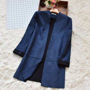 韩版女装春秋季百搭女士鹿皮绒七分袖风衣外套中长款纯色开衫上衣