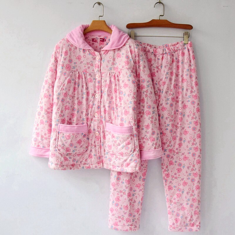 睡衣女秋冬季粉嫩印花针织三层加厚夹棉珊瑚绒棉袄棉裤家居服套装