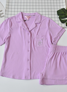 外贸夏季女士短袖短裤睡衣套装紫色条纹翻领休闲宽松大码家居服