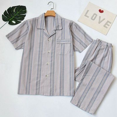 男士梭织棉短袖长裤睡衣套装