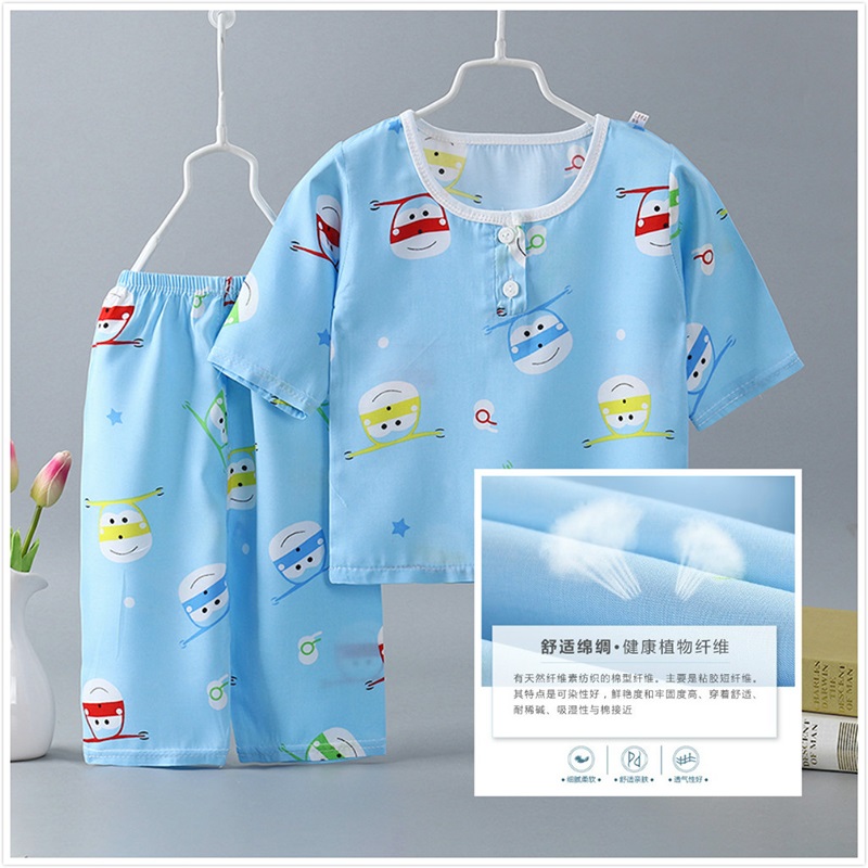 2018儿童装新款夏季棉绸套装男童女童短袖睡衣宝宝家居服透气舒适