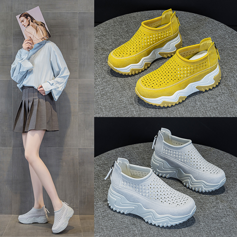 厚底内增高小白鞋女网面透气2025夏新款小个子百搭运动休闲松糕鞋