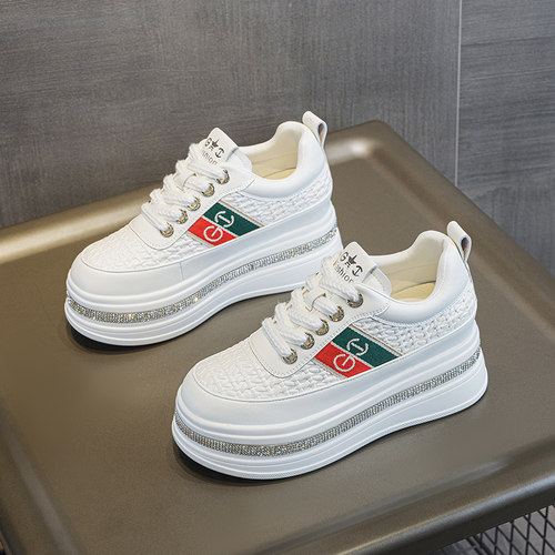 鞋子女时尚水钻真皮厚底松糕鞋