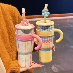 316陶瓷内胆保温杯巨无霸冰霸杯双饮吸管水杯女高颜值水杯 新款