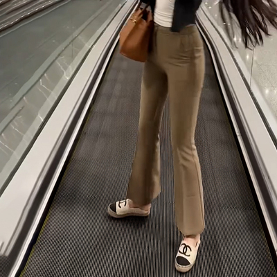 卡其色高腰弹力气质微喇九分裤