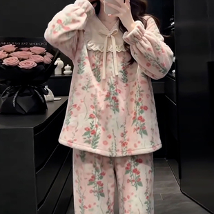 甜美可爱睡衣女秋冬珊瑚绒加厚加绒减龄少女风保暖法兰绒家居套装