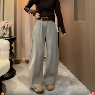 弯刀牛仔裤 胖mm显瘦宽松直筒裤 女秋冬季 加绒阔腿裤 新款 奶咖色大码