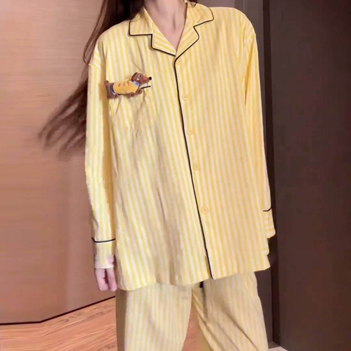 纯棉春秋款翻领开衫长袖长裤睡衣套装女黄色甜美宽松可外穿家居服