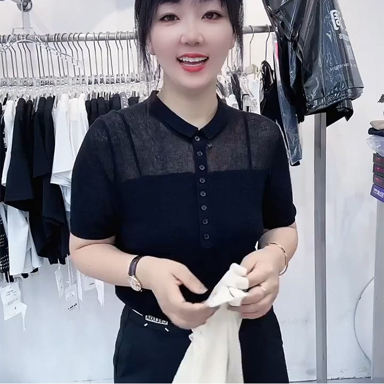 韩版渐变色小翻领短袖t恤女夏季新款轻熟风显瘦百搭洋气性感上衣