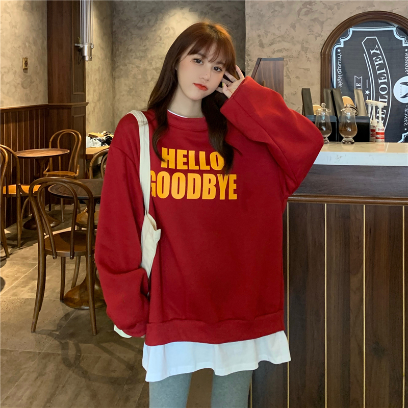 ~Real price ~ real shot ~ Korean loose letter printing fake two piece Plush sweater