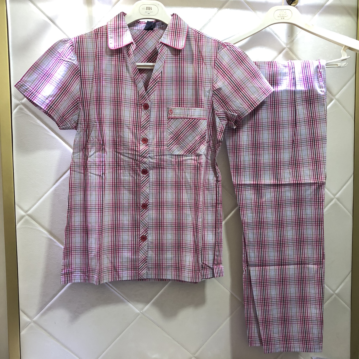 金利来夏季女款开衫梭织纯棉格子睡衣家居服