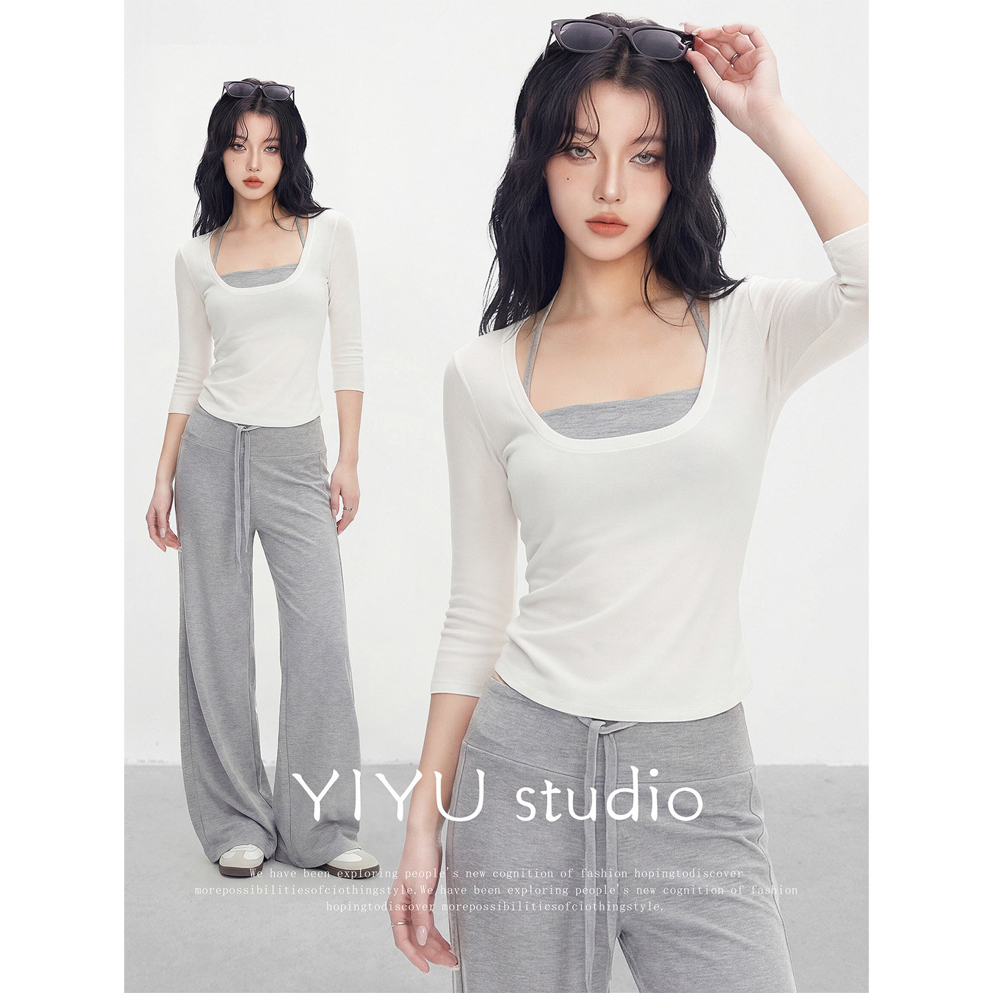 【伊予YiYu】韩系辣妹穿搭针织上衣内搭背心吊带阔腿裤显瘦套装女