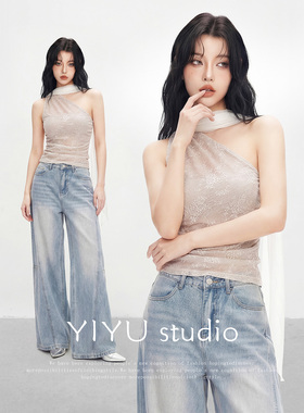 【伊予YiYu】蕾丝挂脖吊带上衣女夏季纯欲露肩无袖背心牛仔裤套装