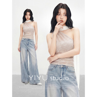 【伊予YiYu】蕾丝挂脖吊带上衣女夏季纯欲露肩无袖背心牛仔裤套装
