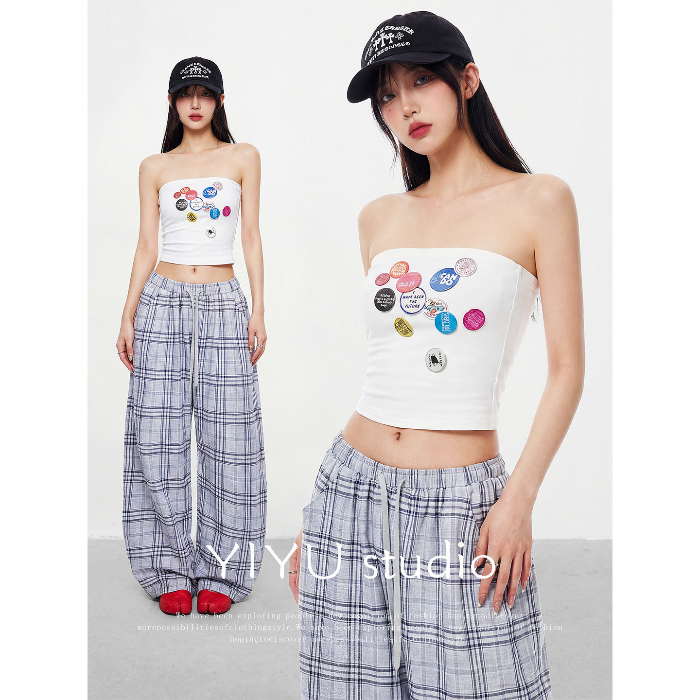 【伊予YiYu】美式辣妹穿搭白色印花抹胸T上衣格子休闲阔腿裤套装