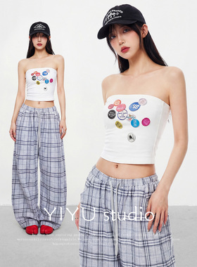 【伊予YiYu】美式辣妹穿搭白色印花抹胸T上衣格子休闲阔腿裤套装