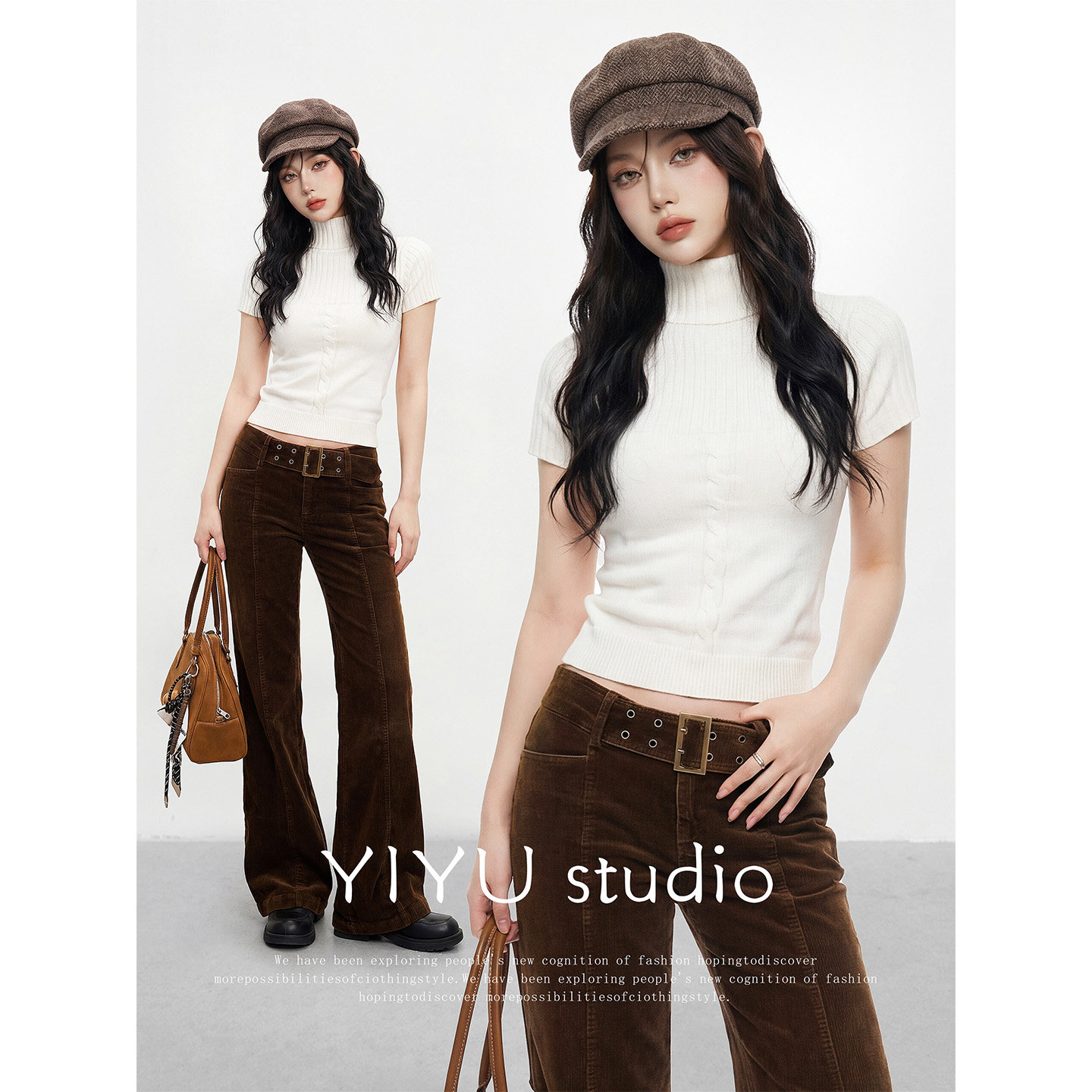 【伊予YiYu】韩系复古穿搭半高领针织衫直筒裤套装女显瘦两件套