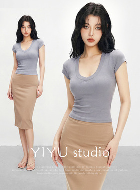 【伊予YiYu】辣妹修身V领T恤女春夏正肩小飞袖上衣性感修身包臀裙
