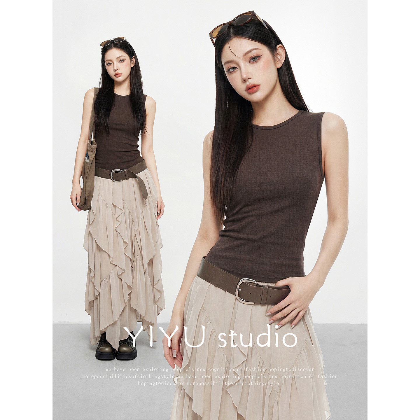 【伊予YiYu】美式辣妹无袖背心不规则半身纱裙女修身显瘦气质套装