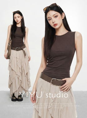 【伊予YiYu】美式辣妹无袖背心不规则半身纱裙女修身显瘦气质套装