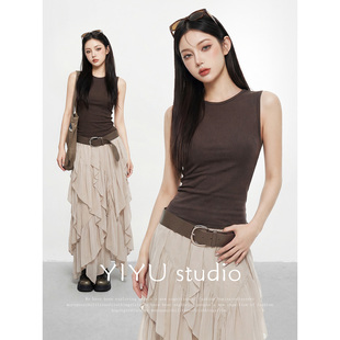 【伊予YiYu】美式辣妹无袖背心不规则半身纱裙女修身显瘦气质套装